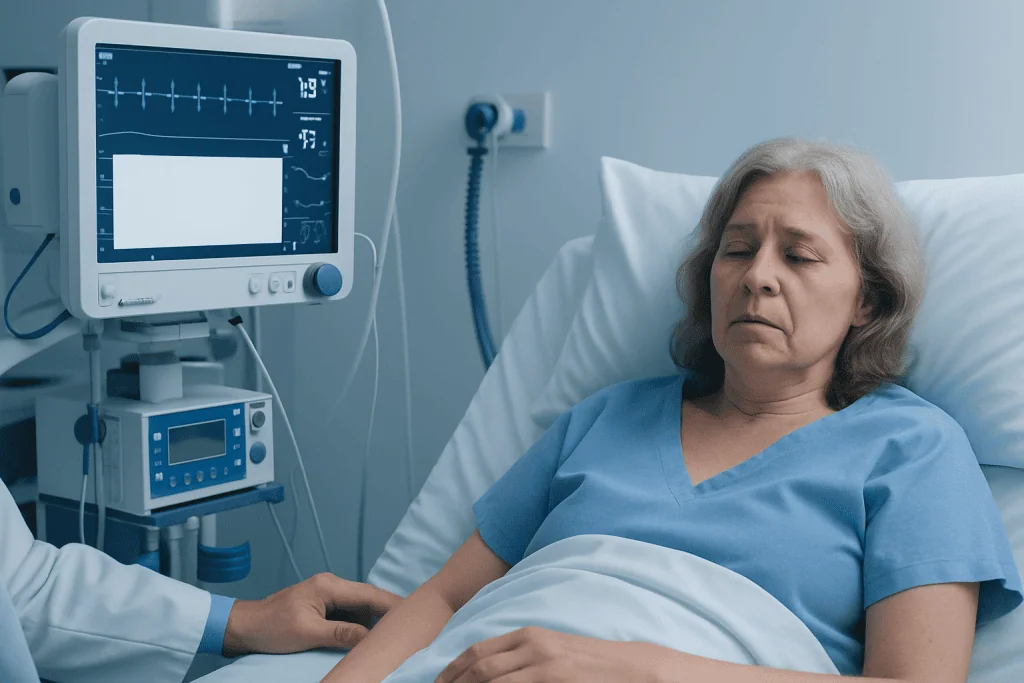 Elderly woman in hospital bed with monitoring equipment.