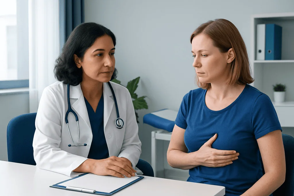 Doctor consulting a patient about breast health in a clinical setting.