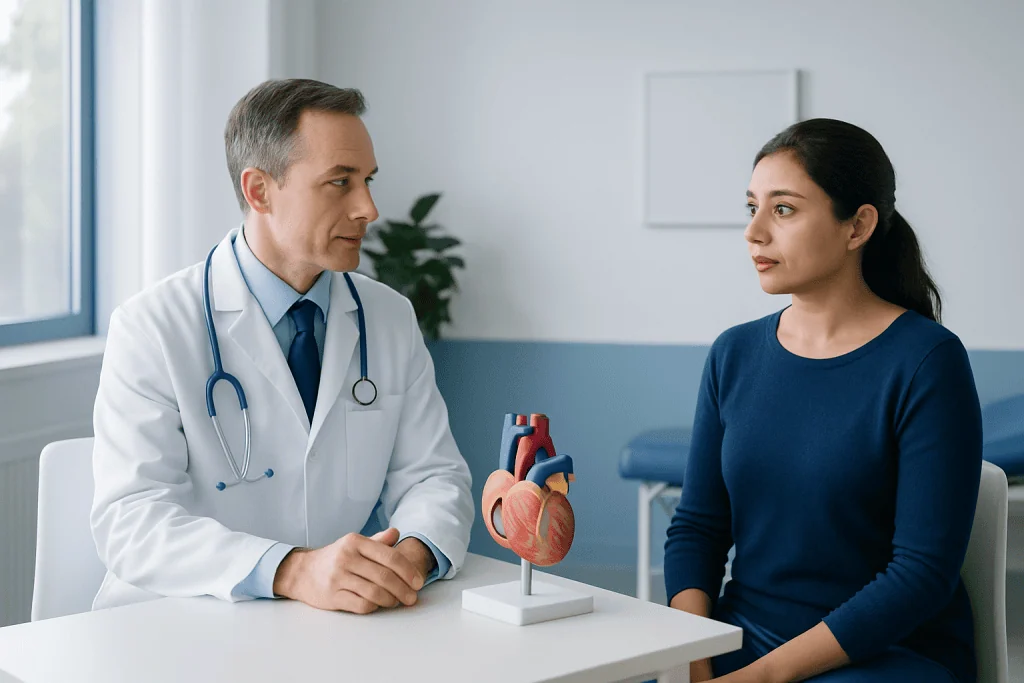 Doctor explaining heart health to a patient with a heart model present.