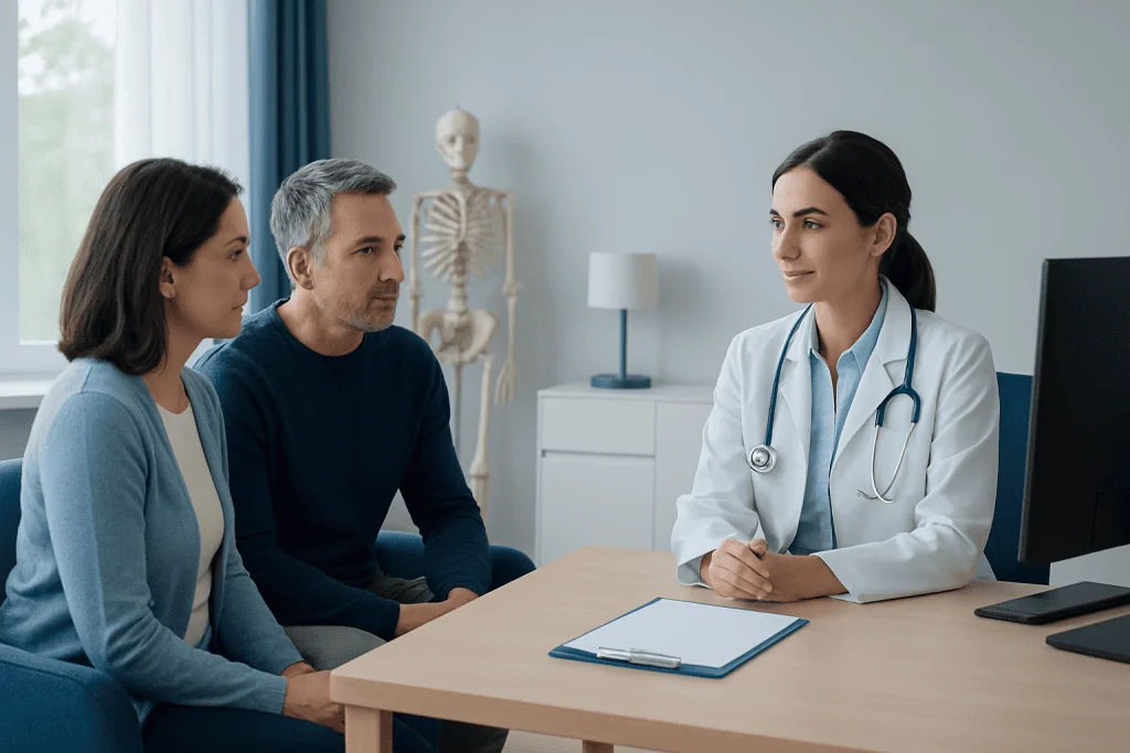 Doctor consulting with couple about healthcare options at Acibadem Hospital.