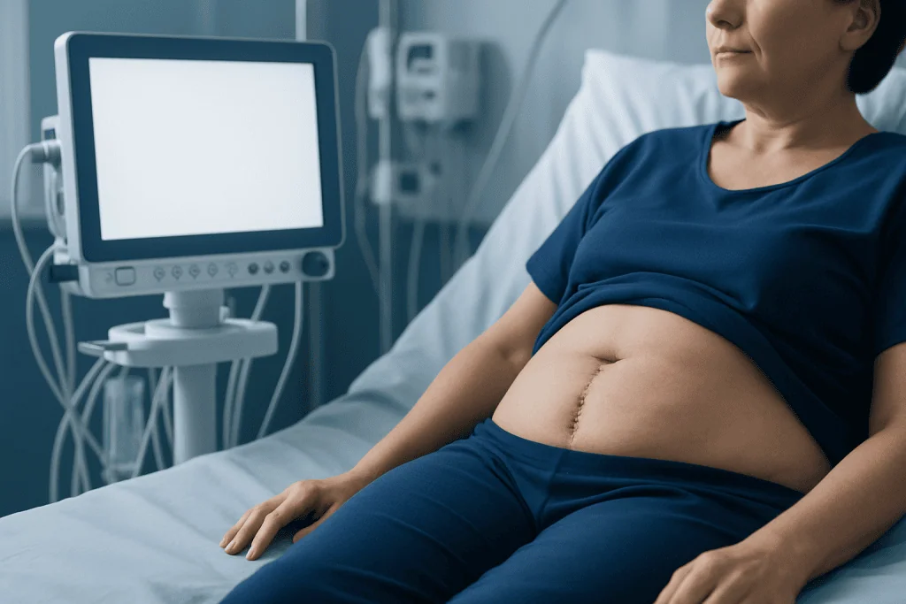 Post-surgery abdomen with visible scar in hospital setting.