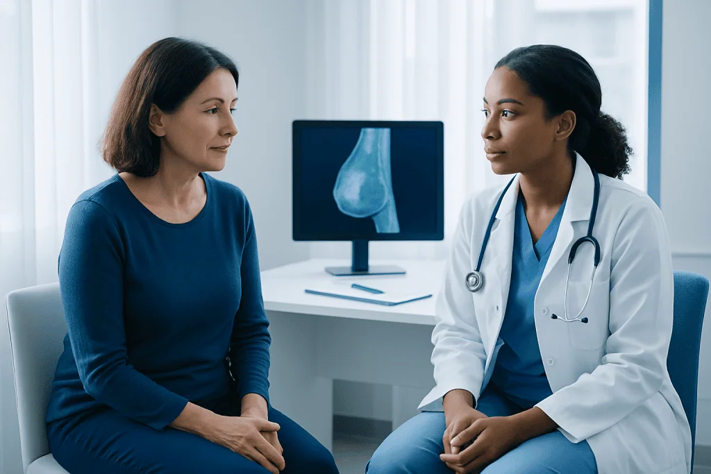 Doctor consulting with a patient about breast symptoms in a clinical setting.