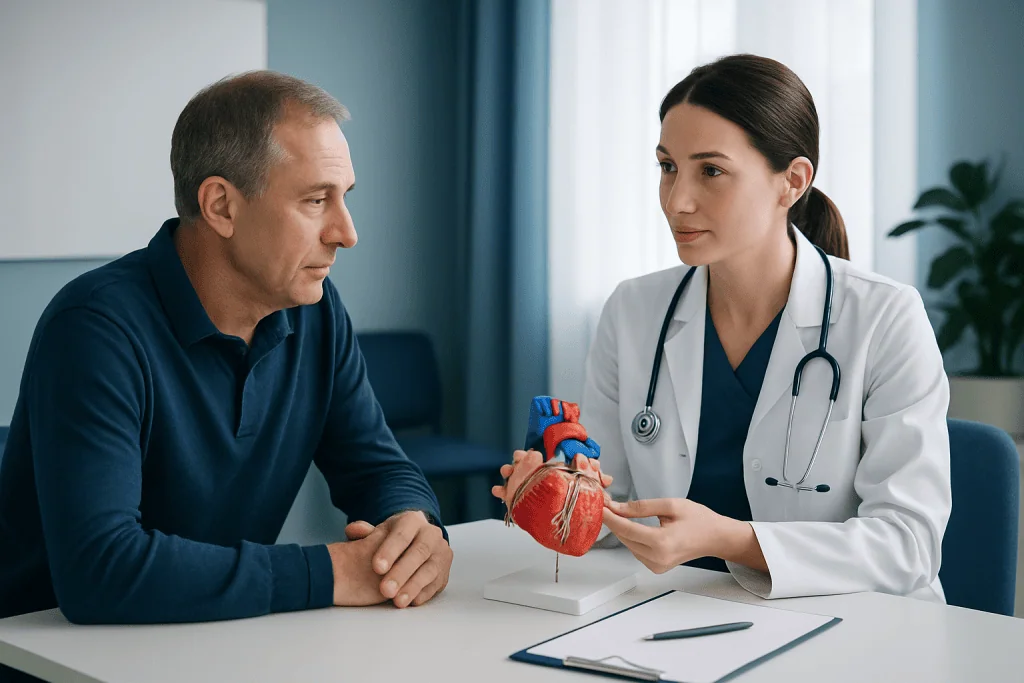 Doctor explaining heart model to patient in consultation room.