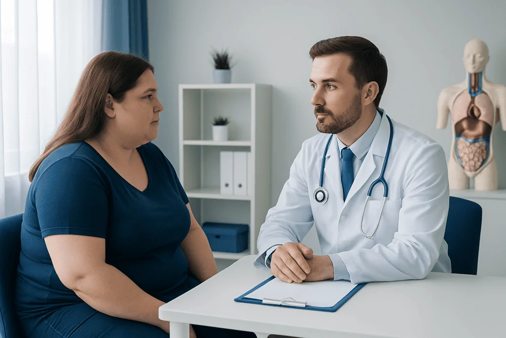 Doctor consulting a patient in a medical office with anatomical model in background.