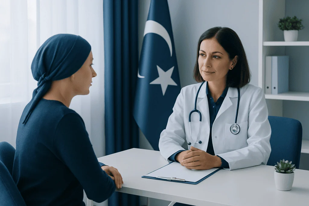 Doctor consulting with a patient in a medical office with Turkish flag in background.