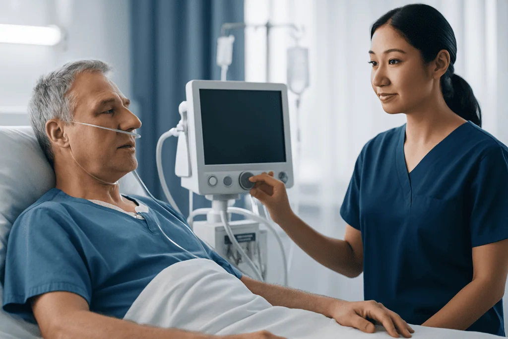 Patient in hospital bed with nurse monitoring vital signs after heart surgery.