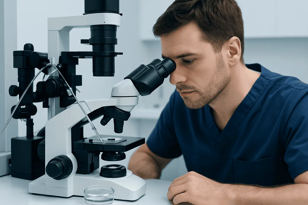 Researcher examining samples with a microscope at Acibadem Hospitals Group.