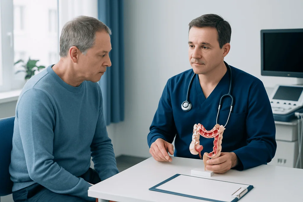 Doctor explaining colonoscopy procedure to patient in clinic.