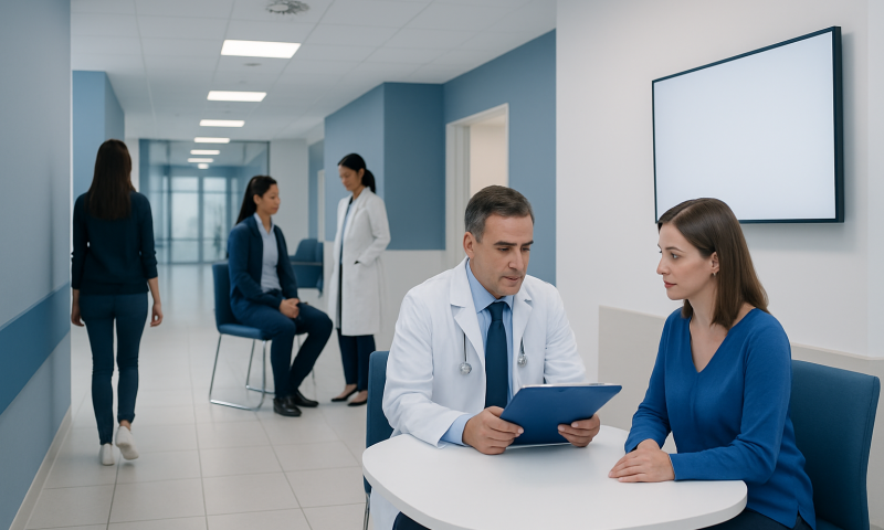 Doctors reviewing patient care plans in a hospital corridor at Acibadem Hospitals Group.