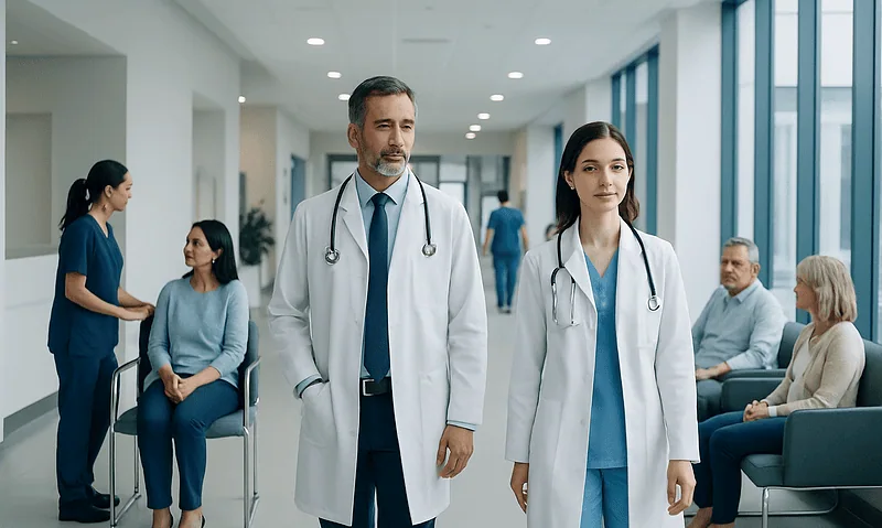 At Acibadem, What to Know About Our Doctors, Teams, and Care Responsibility 10 Doctors and nurses in a hospital corridor with patients in the background.