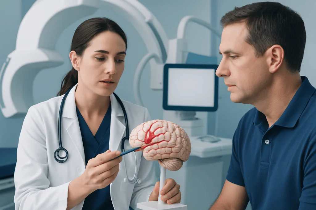 Doctor explaining brain anatomy to patient in a medical setting.
