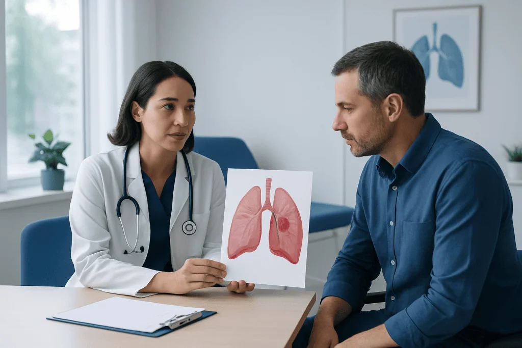 Doctor explaining lung anatomy to patient during consultation.