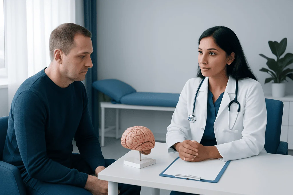 Doctor consulting with patient about brain health and mental overload.