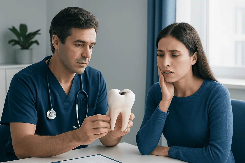 Dentist explaining tooth cavity to patient with dental model in clinic.