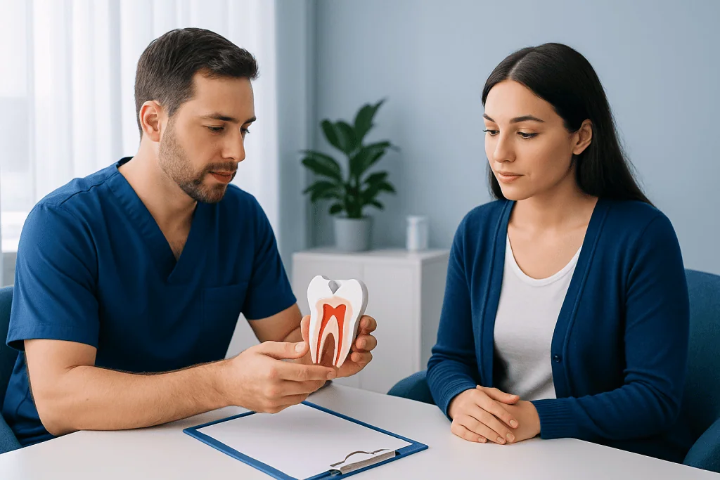 Dentist explaining dental anatomy model to patient in consultation room.