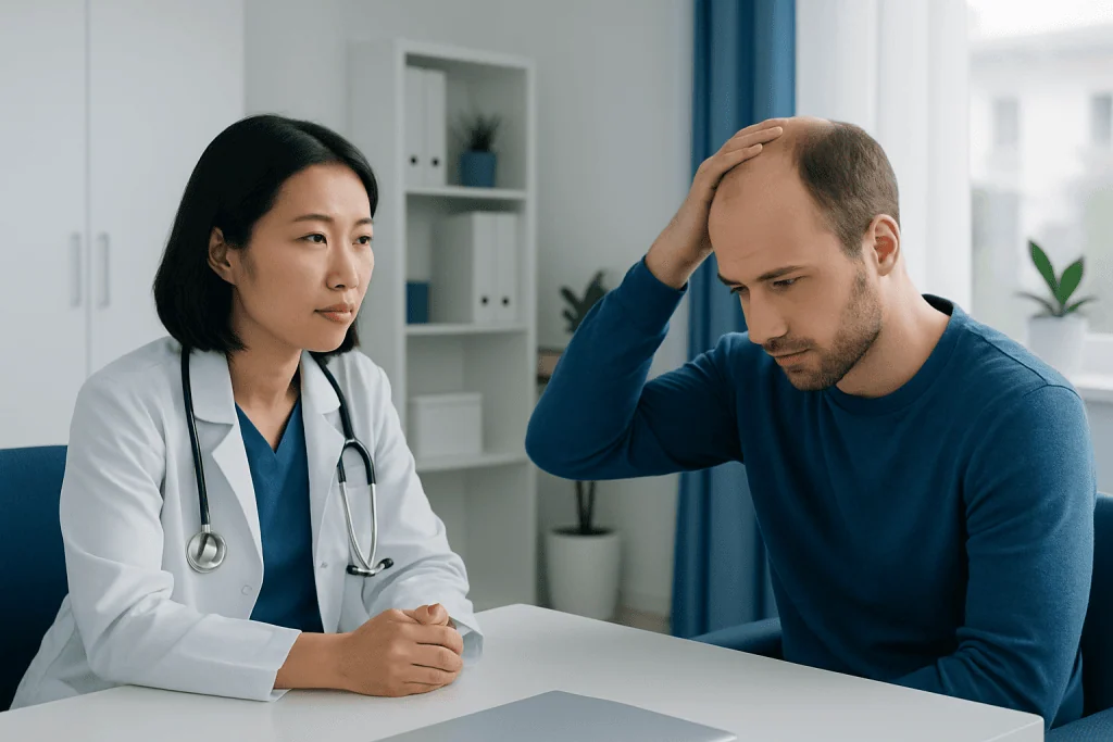 Doctor consulting with a male patient about hair loss causes.