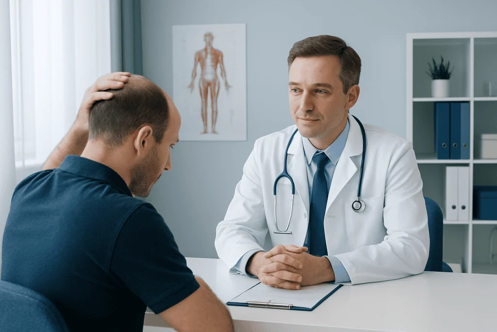 Doctor consulting with patient about hair loss treatment options.