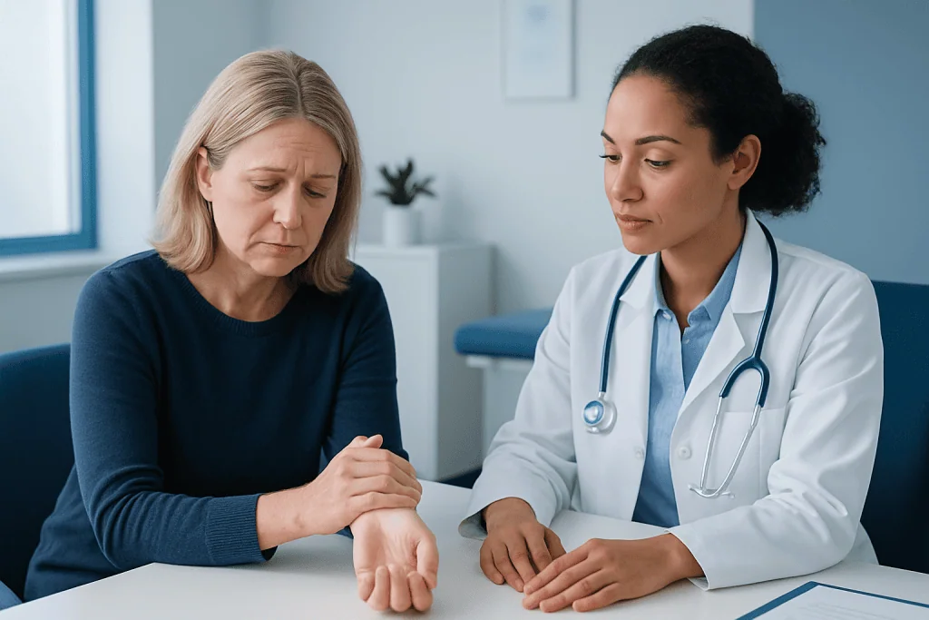 Doctor examining a patient's wrist for De Quervain’s Tenosynovitis.