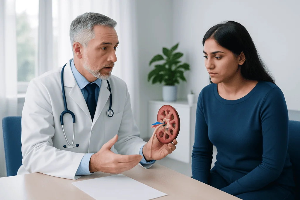 Doctor explaining kidney anatomy to a patient in a consultation room.