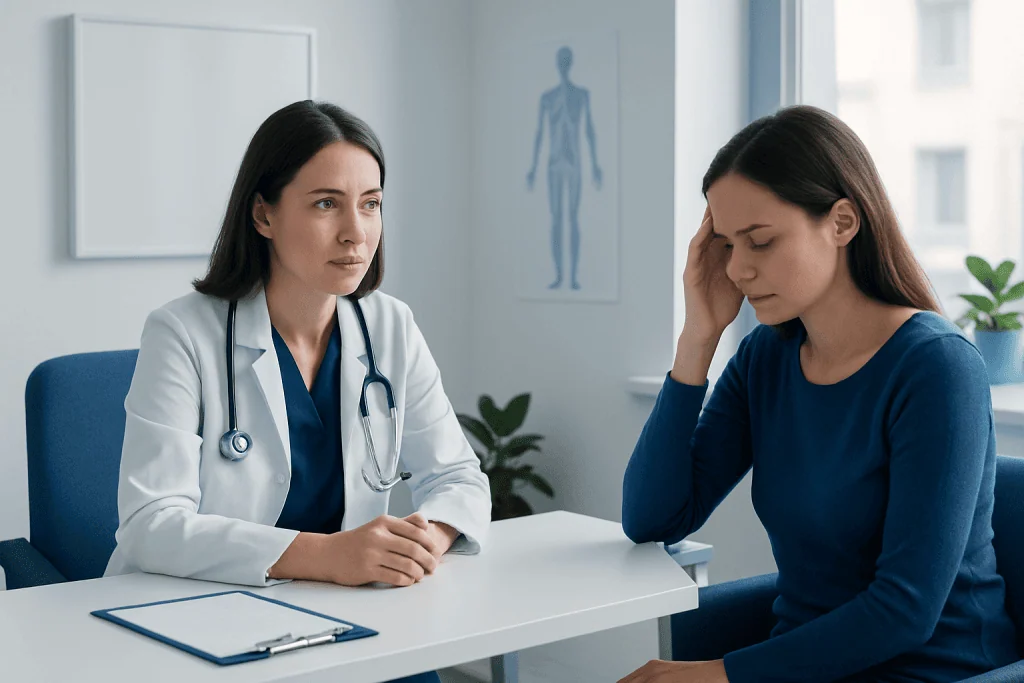 Doctor consulting a patient with headache symptoms in a clinic setting.