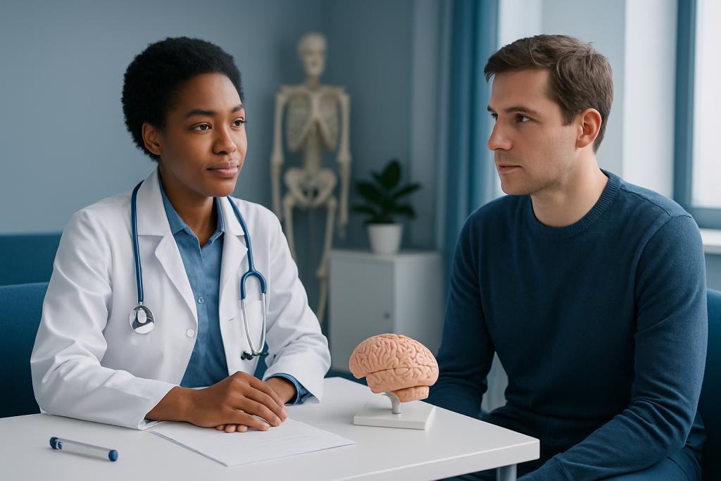 Doctor consulting patient about neuroinfectious disease testing procedures.