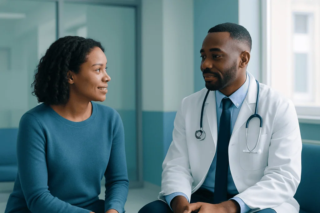 What Causes Pain Behind Knee After Total Knee Replacement? 1 Doctor consulting with a patient about knee pain after surgery.
