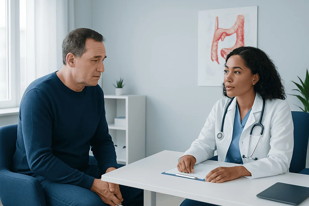 Doctor consulting with male patient about health concerns in clinic.