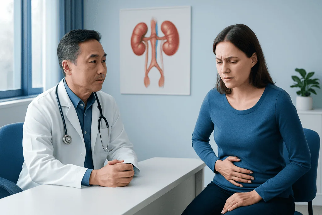 Doctor consulting with a woman experiencing abdominal pain in a medical office.
