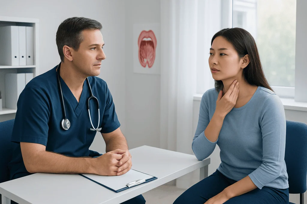Doctor consulting with a patient about throat health and tonsil stones.