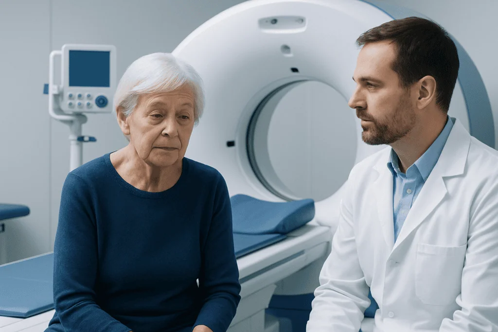 Geriatric patient consulting with a neurologist in a hospital MRI room.