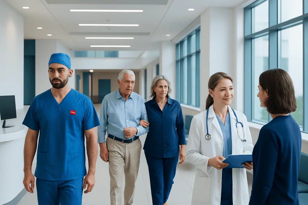Medical Travel to Turkey During Ramadan: What Patients Should Plan Ahead 1 Medical professionals and patients in a modern hospital corridor.