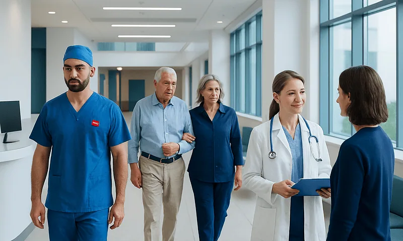 Medical professionals and patients in a modern hospital corridor.