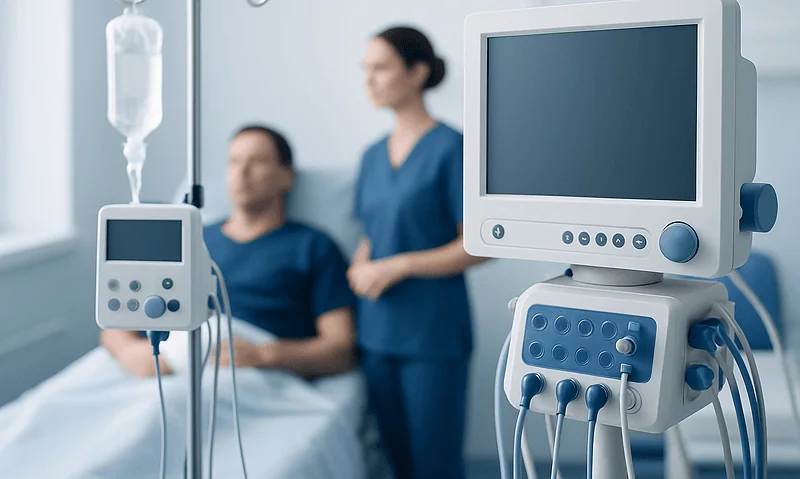 Hospital room with medical equipment and healthcare professionals attending a patient.