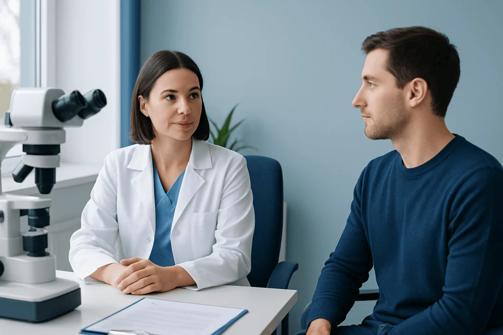 Ophthalmologist consulting with a patient in a modern clinic setting.