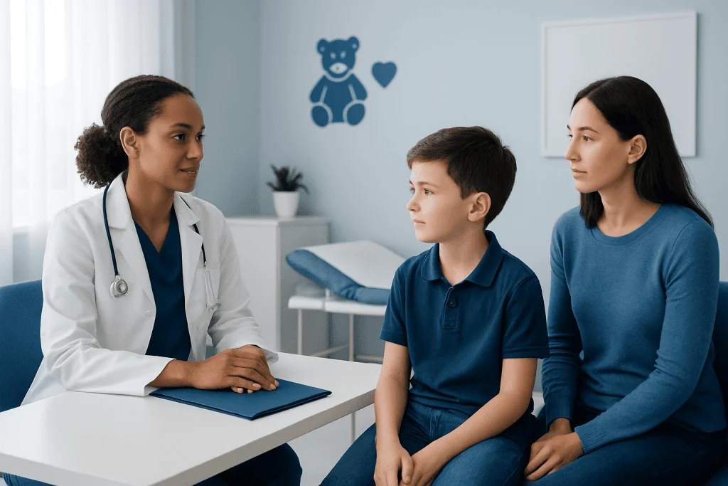 Doctor consulting with a young boy and his mother in a pediatric clinic.