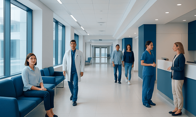 At Acibadem, How We Help International Patients Choose a Hospital in Istanbul 3 Modern hospital corridor with medical staff and patients at Acibadem Hospitals Group.