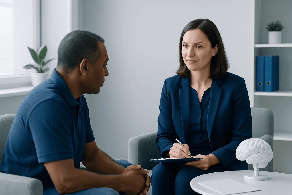 Psychologist and patient in a clinical neuropsychology consultation.