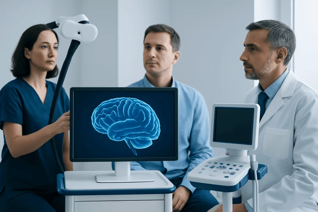Medical professionals examining brain scan in a clinical neuropsychology setting.