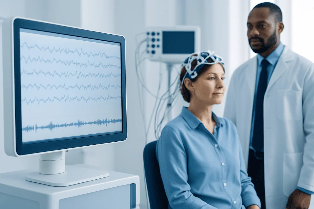 Patient undergoing neuropsychological testing with EEG monitoring at Acibadem Hospital.