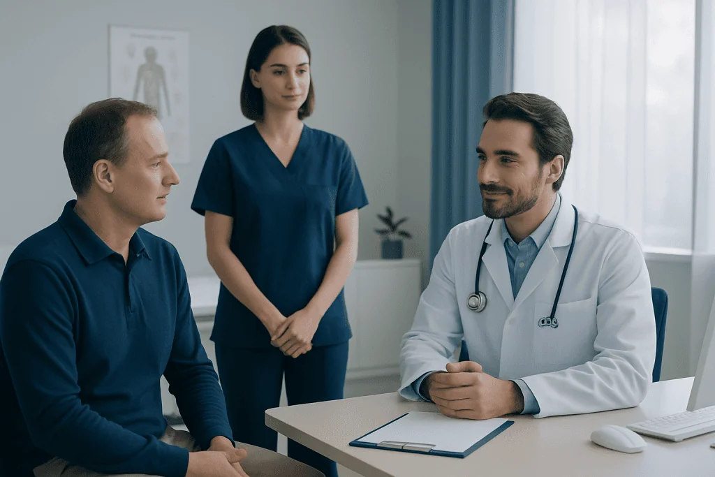 Doctor consulting with patient and nurse in a hospital setting.