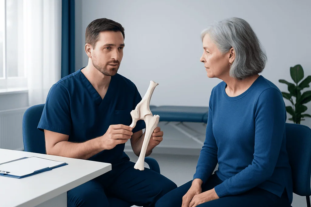 Orthopedic specialist explaining hip anatomy to an elderly woman.