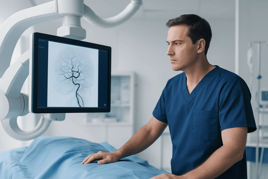 Interventional neurology procedure with a doctor examining brain imaging.