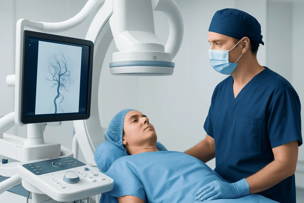 Interventional neurology procedure at Acibadem Hospital with doctor and patient.
