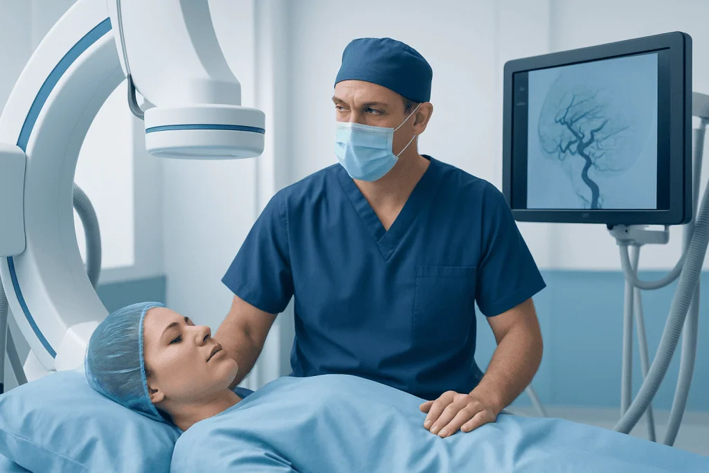 Interventional neuroradiology procedure in a hospital setting with a doctor and patient.