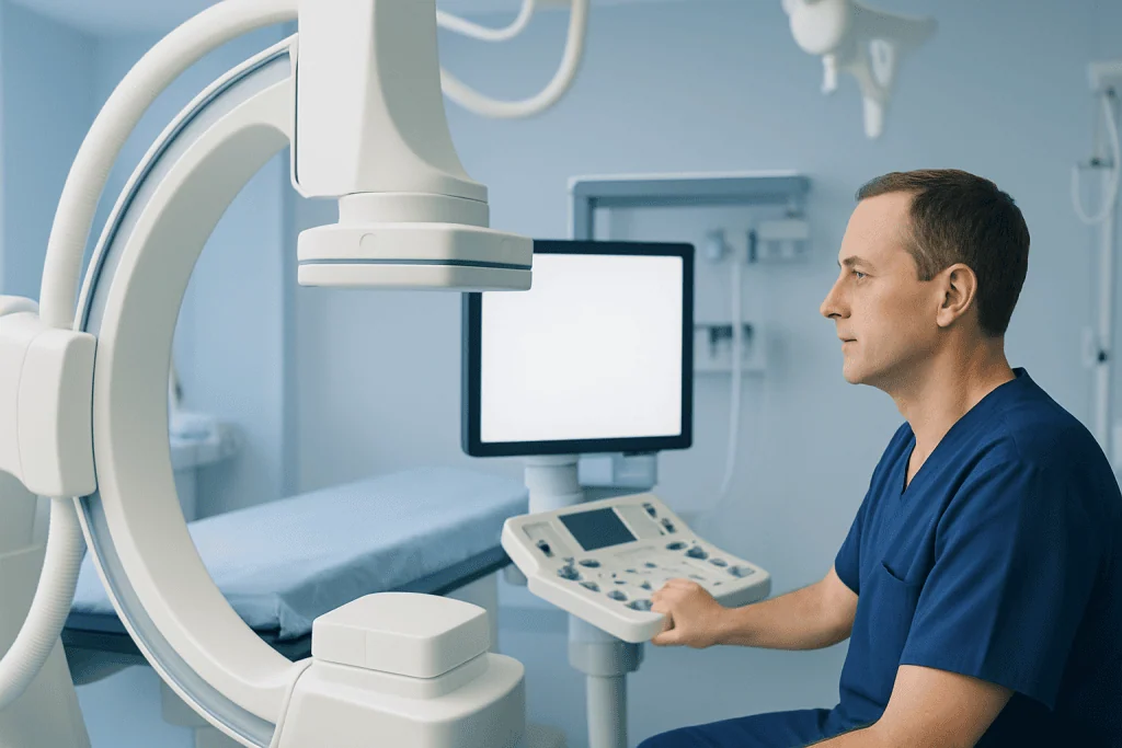 Interventional radiologist operating advanced medical imaging equipment in a hospital.
