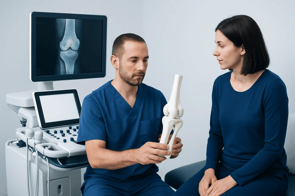 Orthopedic specialist explaining knee joint to patient in clinic.
