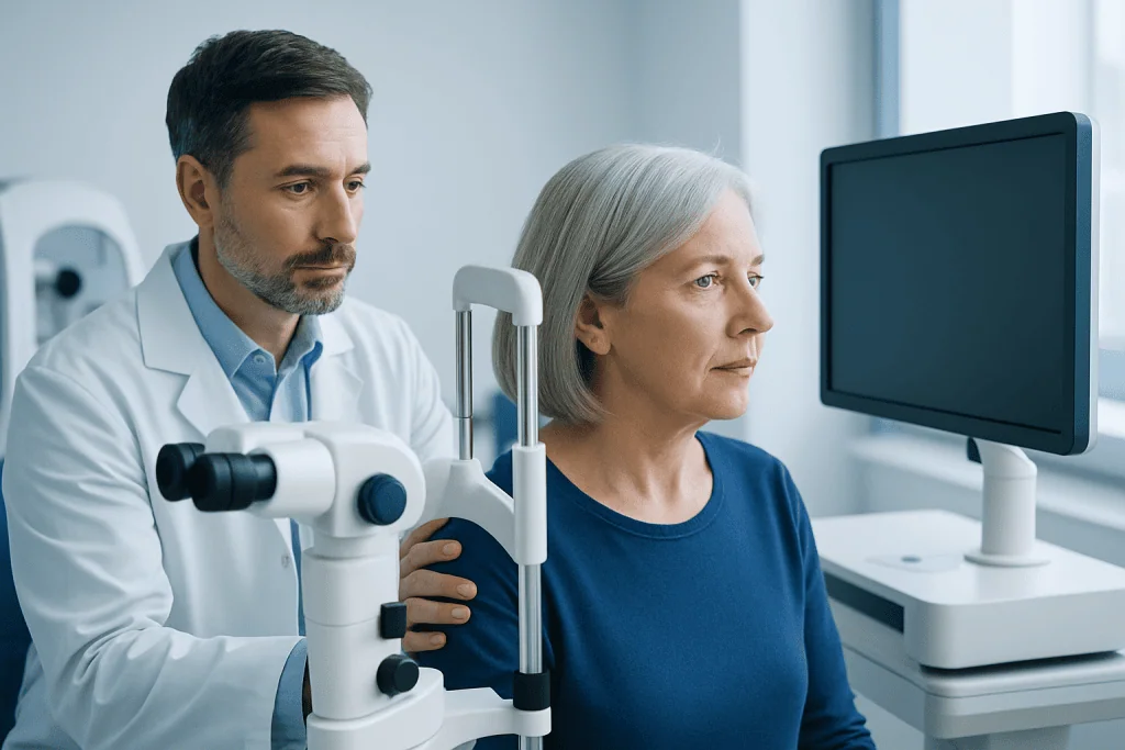 Neurologist examines elderly woman using specialized medical equipment.