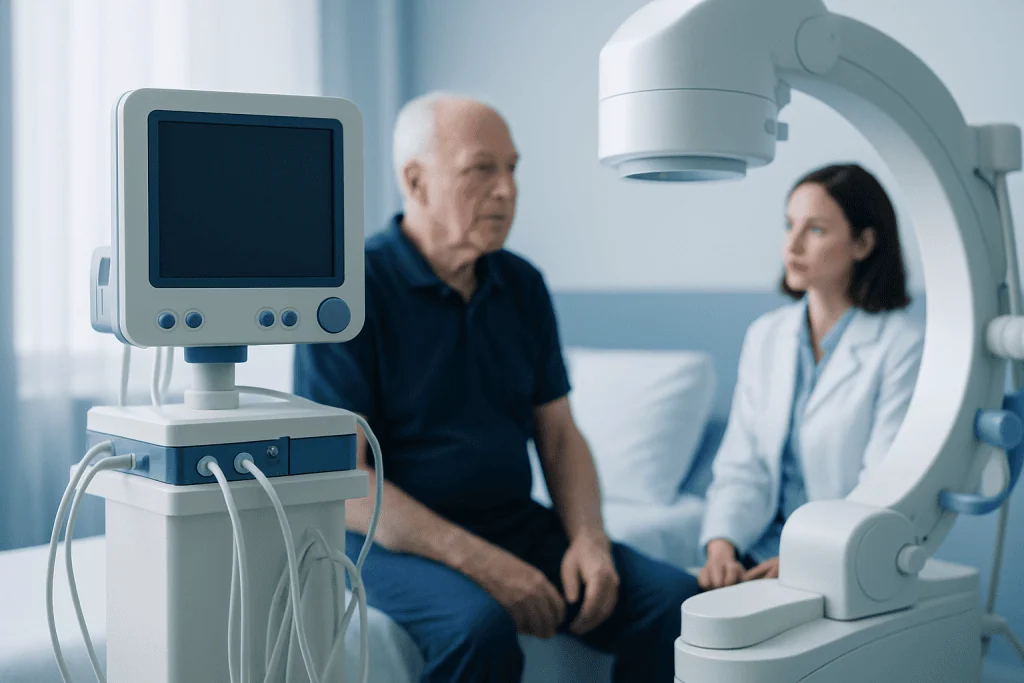 Elderly patient undergoing neurological examination at a hospital.
