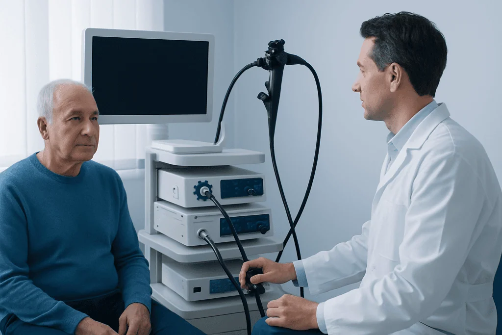Gastroenterology consultation with doctor and patient in clinic setting.
