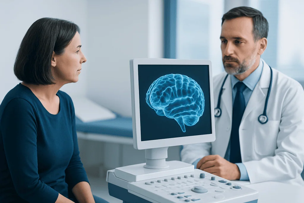 Doctor explaining brain scan to female patient in a medical consultation.
